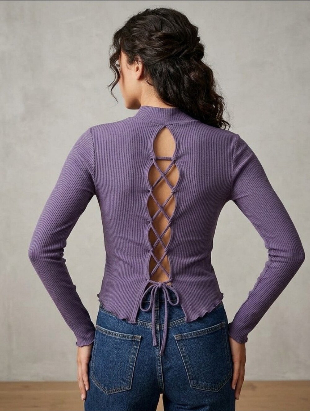 VENUS Ribbed Long Sleeve Open Lace Up Back